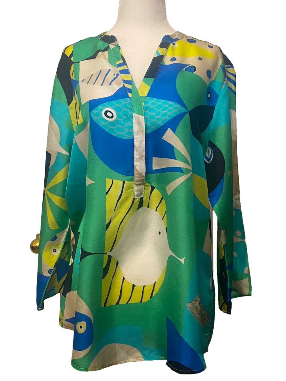 VILAGALLO Bright Colorful Silk 3/4 Sleeve Fish Blouse Henley Top Sz 42 US 10 M
